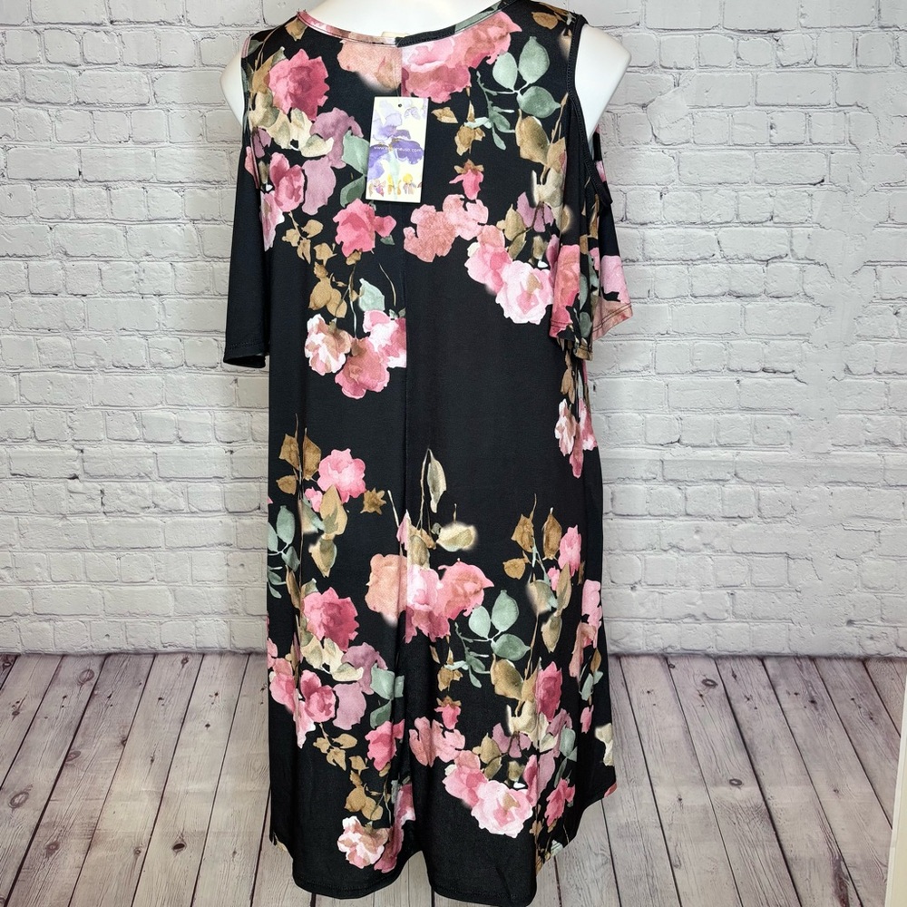 eesome Cold Shoulder Black and Pink Floral Print Dress Size L - Picture 4 of 8